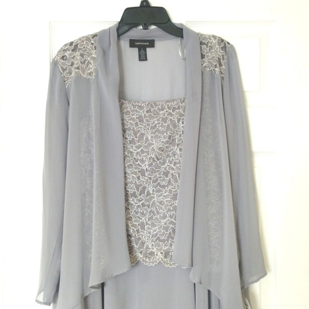 R&M Richards women's floral lace chiffon silver two pieces set dress Sz 6